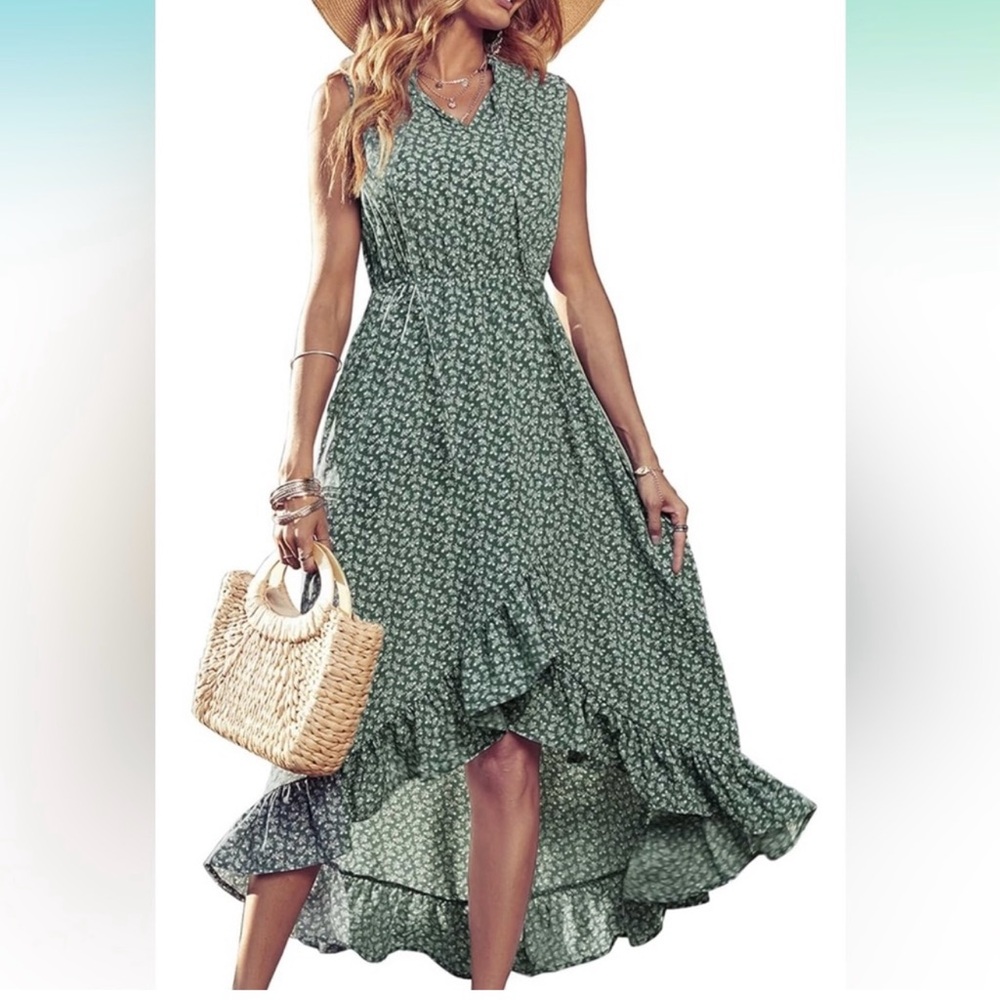 Chic Green Floral High Low Dress sz large - Picture 2 of 8